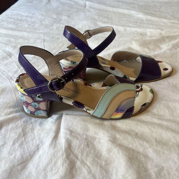 Unity In Diversity Leather Block Heel Sandals Purple Rainbow Floral EU 36 / US 6 - Picture 6 of 11